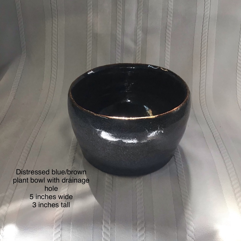 Distressed BlueBrown Flower Pot Bowl Drainage Hole